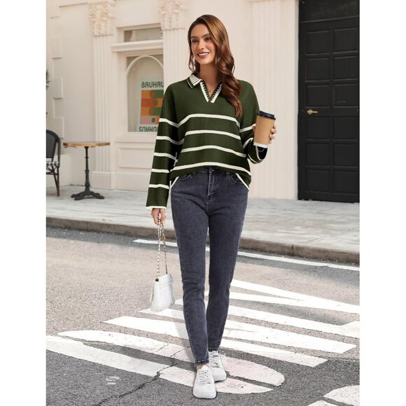 Women’s Army Green Fall Polo Sweater Striped V Neck Long Sleeve Pullover - Picture 5 of 6